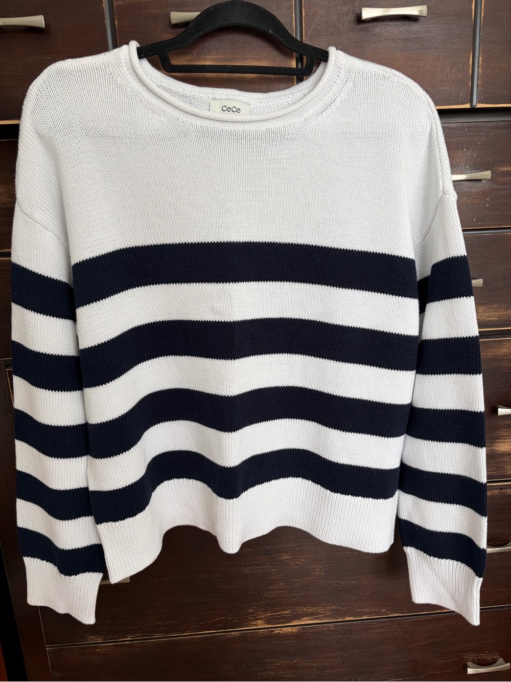 CeCe White and Navy Striped Crewneck Sweater/ Size Medium
